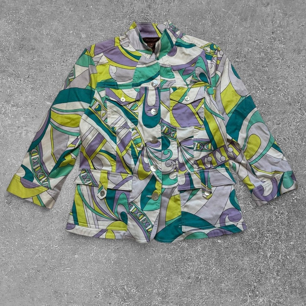 Multiples Abstract Print Button Up Jacket Green Purple White Swirls Retro M